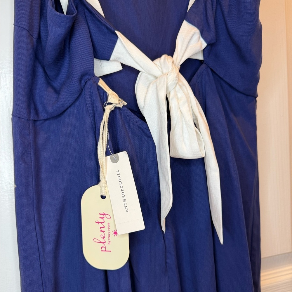 Anthropologie Navy Blue White Strap Wide Leg Jumpsuit Size M - Picture 9 of 10